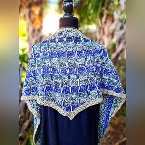 Hand Knitted Triangular Unisex Scarf Denim Striped Cotton Wool Blue Black Green